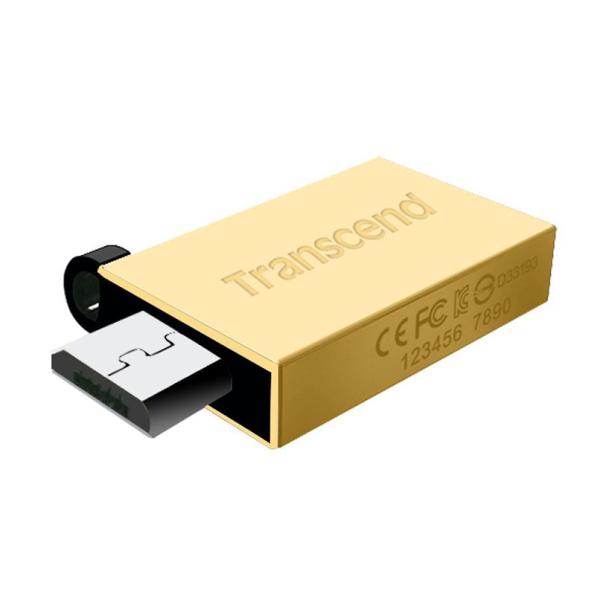 Флэш-накопитель USB2.0  16GB Transcend JetFlash 380 TS16GJF380G, OTG USB micro-B, компактный, золотистый-черный, стильный дизайн, алюминиевый корпус
