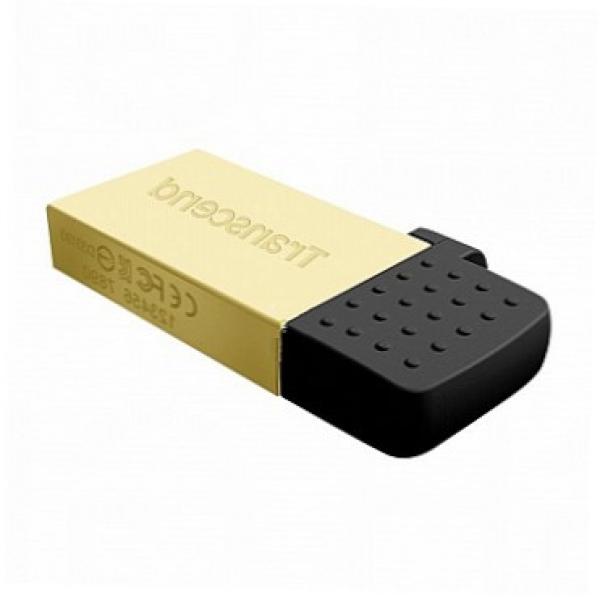 Флэш-накопитель USB2.0  32GB Transcend JetFlash 380 TS32GJF380G, OTG USB micro-B, компактный, золотистый-черный, стильный дизайн, алюминиевый корпус