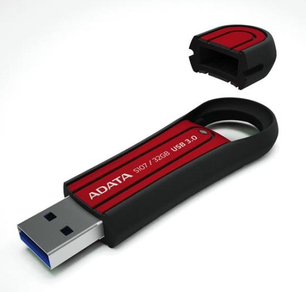 Флэш-накопитель USB3.0  32GB A-Data S107 AS107-32G-RRD, 90/25МБ/сек, прорезиненный, брызгозащищенный, противоударный, красный-черный