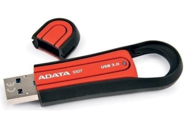 Флэш-накопитель USB3.0  16GB A-Data S107 AS107-16G-RRD, 100/25МБ/сек, прорезиненный, брызгозащищенный, противоударный, красный-черный