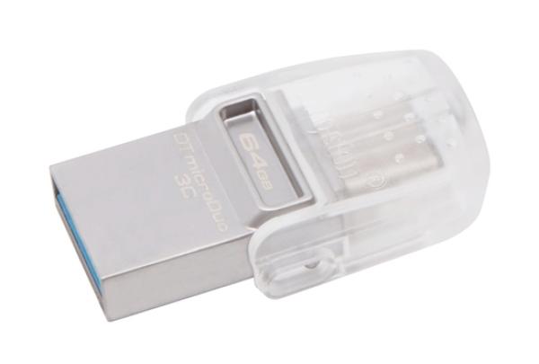 Флэш-накопитель USB3.1  64GB Kingston DataTraveler microDuo 3C DTDUO3C/64GB, 100/15МБ/сек, OTG USB Type C, компактный, прозрачный, стильный дизайн