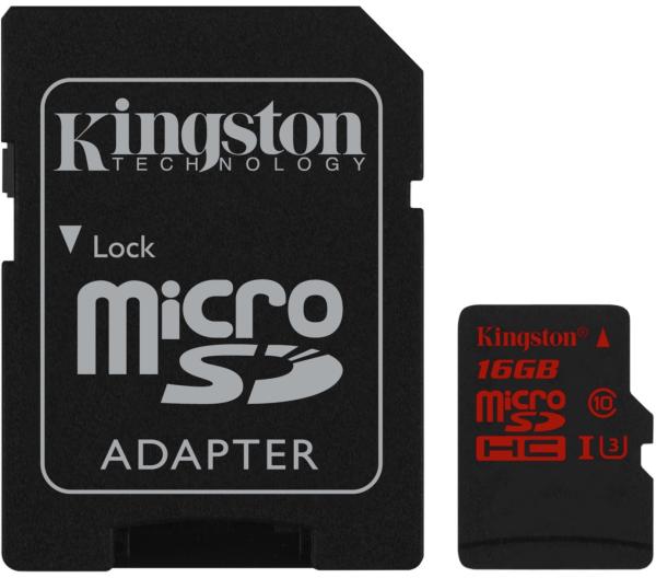 Карта памяти SDHC-micro (TransFlash) 16GB Kingston SDCA3/16GB, 90/80МБ/сек, class 10, UHS-I U3, с адаптером SD