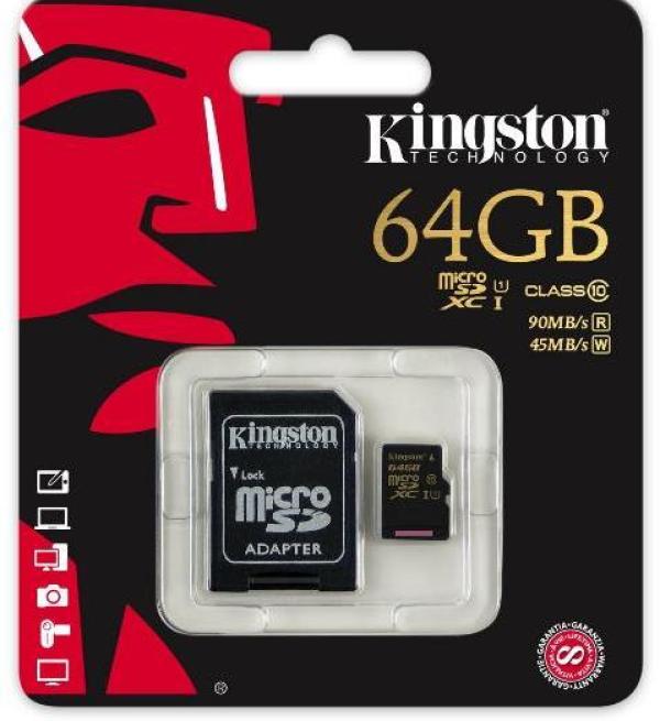 Карта памяти SDXC-micro  64GB Kingston SDCA10/64GB, 90/45МБ/сек, class 10, UHS-I, с адаптером SD