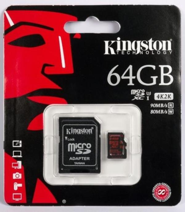 Карта памяти SDXC-micro  64GB Kingston SDCA3/64GB, 90/80МБ/сек, class 10, UHS-I U3, с адаптером SD