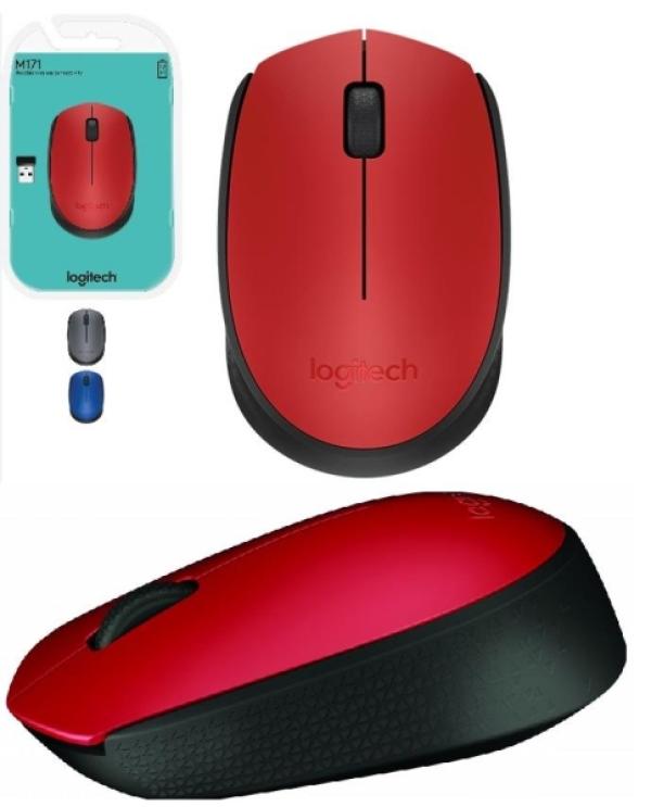 Мышь беспроводная оптическая Logitech M171 Wireless Mouse, USB, 3 кнопки, колесо, FM 10м, 1*AA, для ноутбука, черный-красный, 910-004641