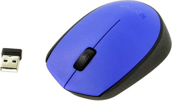 Мышь беспроводная оптическая Logitech M171 Wireless Mouse, USB, 3 кнопки, колесо, FM 10м, 1*AA, для ноутбука, черный-синий, 910-004640