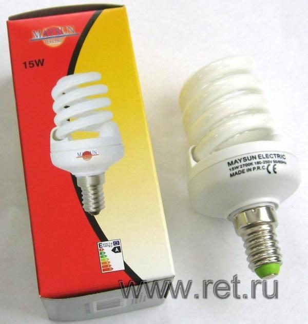 Лампа E14 энергосберегающая MaySun, 15/75Вт, теплый белый, 2700К, 220В, 810Лм, 8000ч, спираль, 100мм