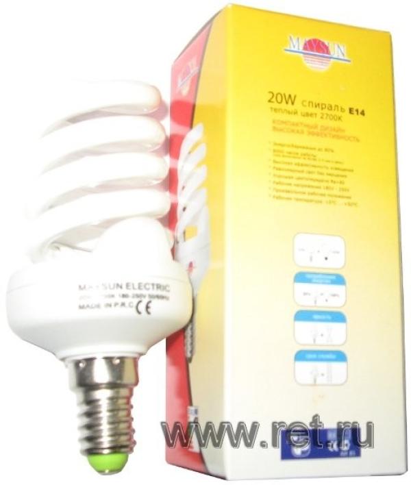 Лампа E14 энергосберегающая MaySun, 20/100Вт, теплый белый, 2700К, 220В, 8000ч, спираль, 104мм