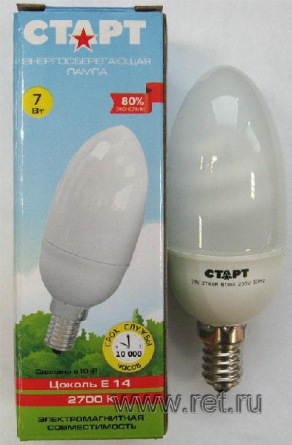 Лампа E14 энергосберегающая Старт  7W Candle, 7/35Вт, теплый белый, 2700К, 220В, 10000ч, свеча, 40/107мм