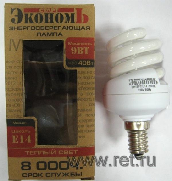 Лампа E14 энергосберегающая Старт  9WSPC, 9/40Вт, теплый белый, 2700К, 220В, 540Лм, 8000ч, спираль, 87мм