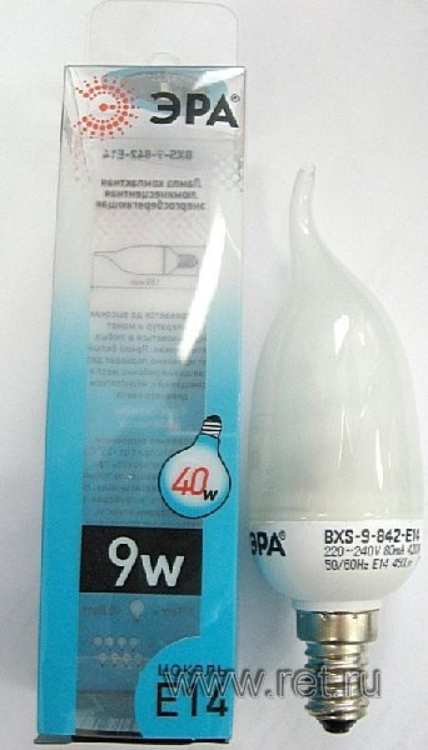Лампа E14 энергосберегающая Эра BXS-9-842-E14, 9/50Вт, холодный белый, 4200К, 220В, 450Лм, 8000ч, свеча на ветру, 135мм