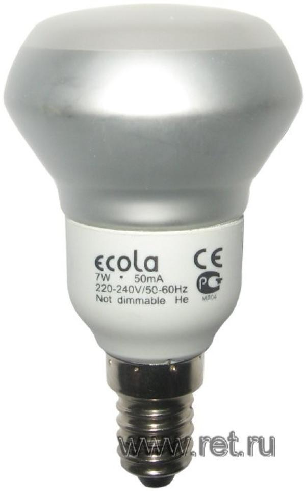 Лампа E14/R50 зеркальная энергосберегающая Ecola DER/R50C G4SW07ECD, 7/35Вт, теплый белый, 2700К, 220В, 300Лм, 8000ч, рефлектор 50мм, 90мм