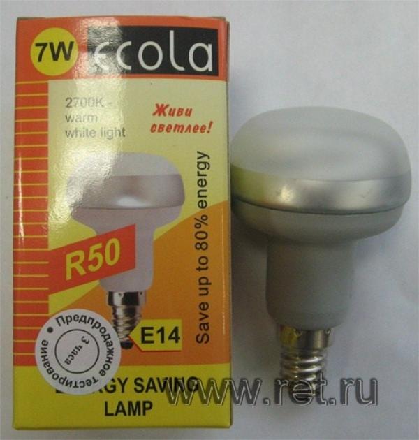 Лампа E14/R50 зеркальная энергосберегающая Ecola DER/R50C G4SW07ECG, 7/35Вт, 2700К, 220В, 10000ч, рефлектор 50мм, 85мм