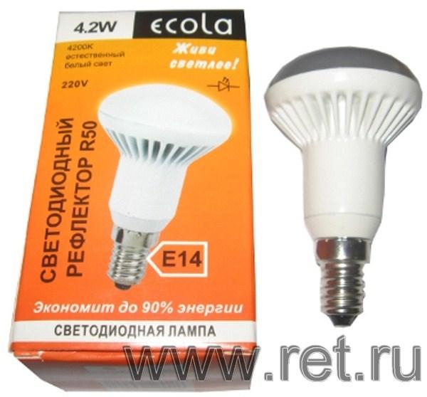 Лампа E14/R50 светодиодная Ecola G4AV42ELC, 4.2/35Вт, холодный белый, 4200К, 220В, 25000ч, рефлектор, 50/85мм