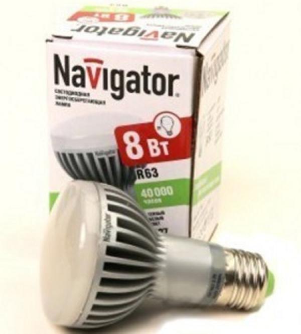 Лампа E27 светодиодная белая NAVIGATOR NLL-R63-8-230-4.2K-E27, 8/78Вт, холодный белый, 4200К, 220В, 624Лм, 40000ч, 63/105мм