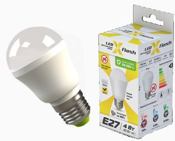 Лампа E27 светодиодная белая X-Flash XF-BF-E27-4W-3K-220V/24256, 4/40Вт, теплый желтый, 3000K, 220В, 400Лм, 50000ч, радиатор, 50/90мм