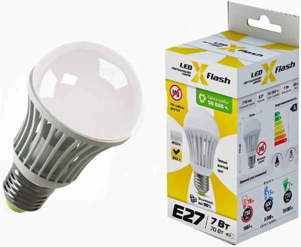 Лампа E27 светодиодная белая X-Flash XF-BG-E27-7W-3K-220V/24258, 7/70Вт, теплый желтый, 3000K, 220В, 710Лм, 50000ч, радиатор, 60/110мм