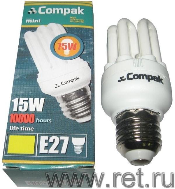 Лампа E27 энергосберегающая Compak 6U15D-E27, 15/75Вт, ярко-белый, 4000К, 220В, 825Лм, 10000ч, 6U, 44/95мм