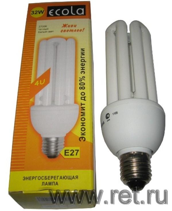 Лампа E27 энергосберегающая Ecola R7LW32ECB, 32/160Вт, теплый белый, 2700К, 220В, 1500Лм, 8000ч, 4U, 58/172мм