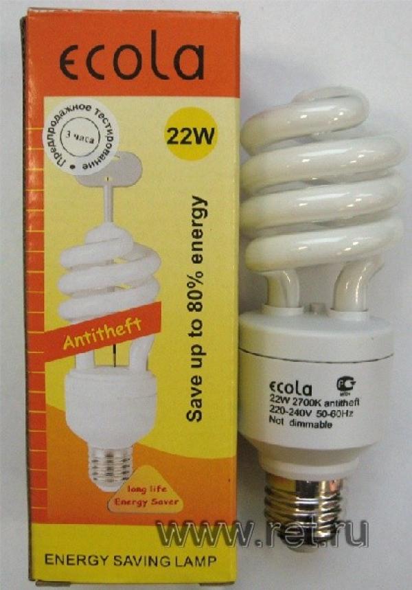 Лампа E27 энергосберегающая Ecola Z7AW22ECC, 22/110Вт, теплый белый, 2700К, 220В, 1350Лм, 10000ч, спираль, защита от хищения, без ключа, 145мм