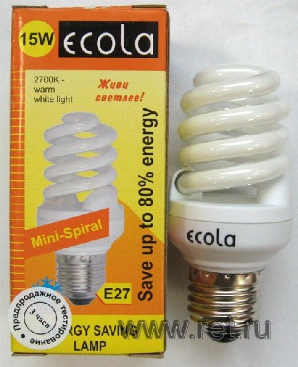 Лампа E27 энергосберегающая Ecola Z7NW15ECL, 15/75Вт, теплый белый, 2700К, 220В, 800Лм, 8000ч, спираль, 45/98мм