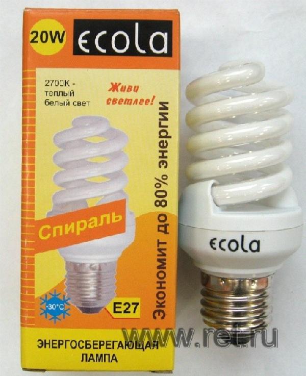 Лампа E27 энергосберегающая Ecola Z7NW20ECL, 20/100Вт, теплый белый, 2700К, 220В, 1200Лм, 8000ч, спираль, 45/104мм