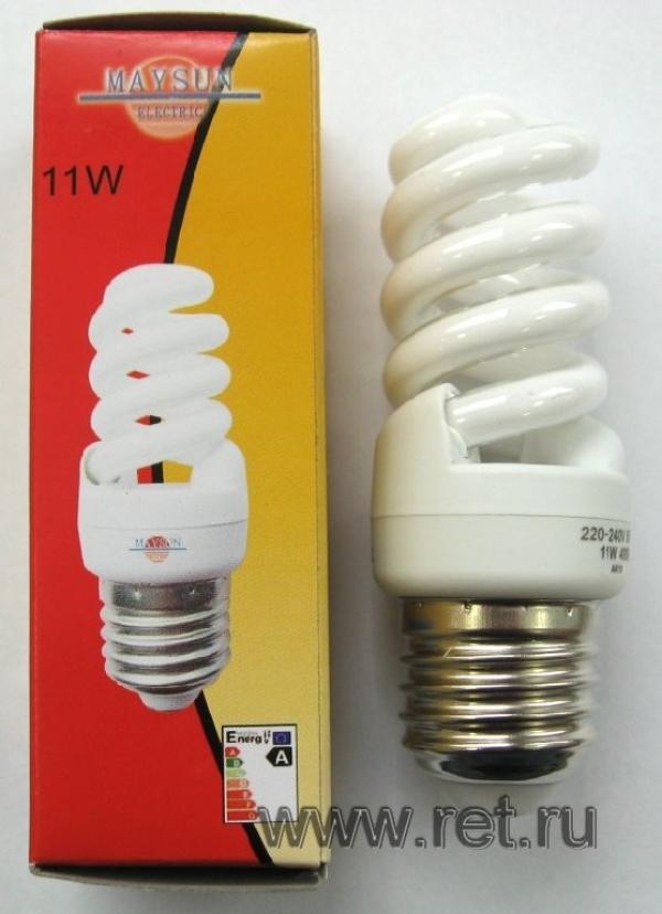 Лампа E27 энергосберегающая MaySun, 11/55Вт, теплый белый, 2700К, 220В, 550Лм, 8000ч, спираль, 95мм