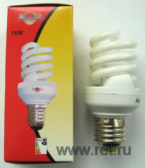 Лампа E27 энергосберегающая MaySun, 15/75Вт, теплый белый, 2700К, 220В, 810Лм, 8000ч, спираль, 100мм