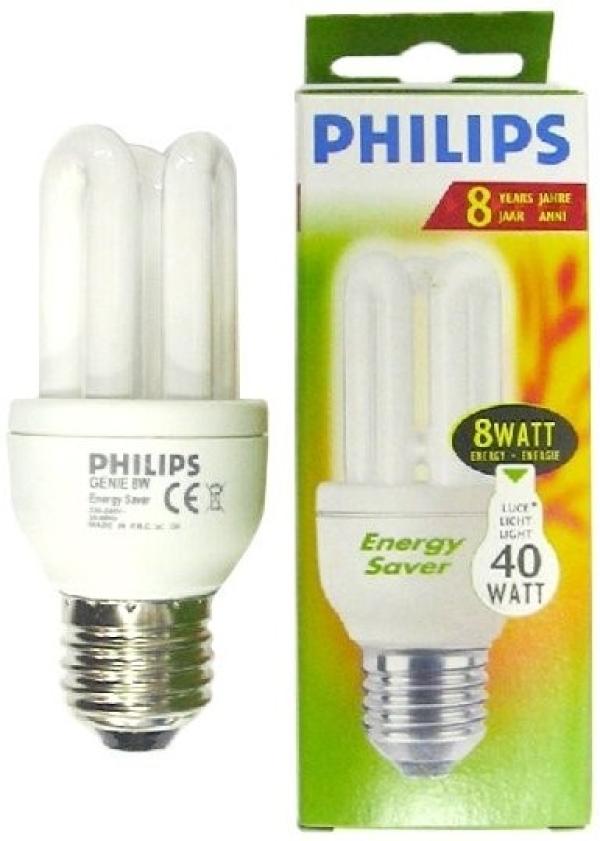 Лампа E27 энергосберегающая Philips 801180, 8/40Вт, теплый белый, 2700К, 220В, 420Лм, 10000ч, 3U, 44/107мм