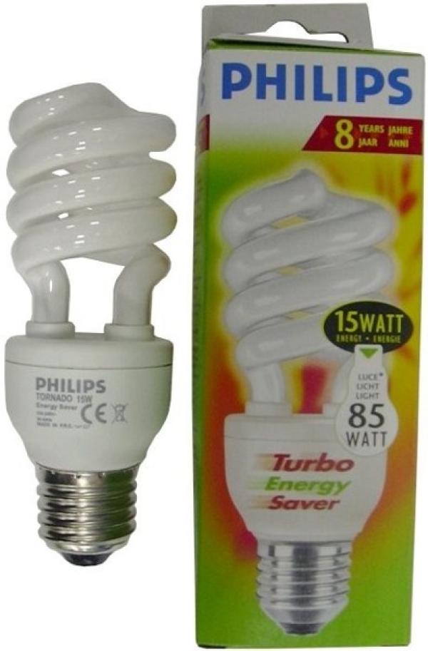 Лампа E27 энергосберегающая Philips 802163, 15/85Вт, теплый белый, 2700К, 220В, 950Лм, 8000ч, спираль, 47/128мм