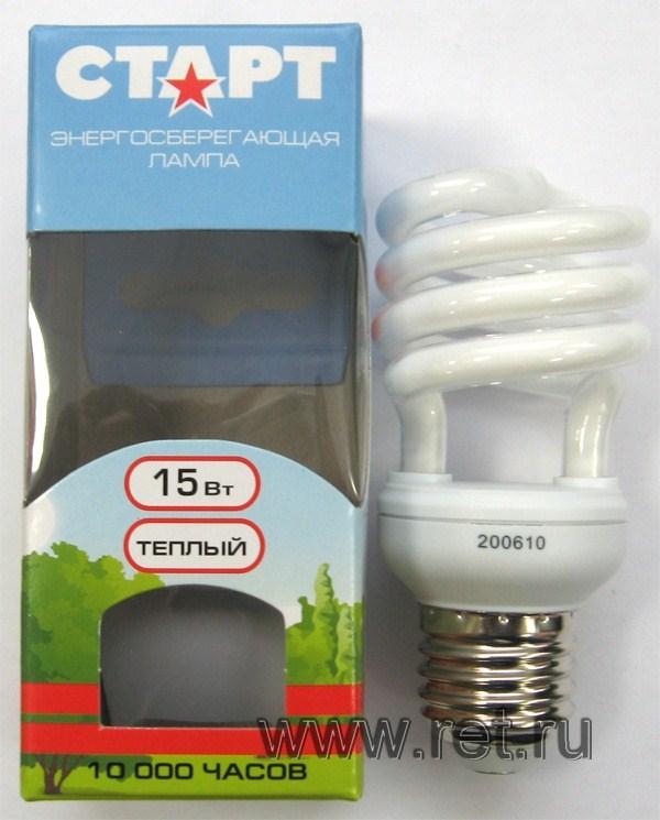 Лампа E27 энергосберегающая Старт 15WSPC, 15/75Вт, теплый белый, 2700К, 935Лм, 220В, 10000ч, спираль, 45/100мм
