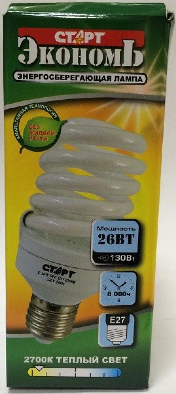 Лампа E27 энергосберегающая Старт ECO26WSPCE27, 26/130Вт, теплый белый, 2700К, 220В, 1300Лм, 8000ч, спираль, 125мм