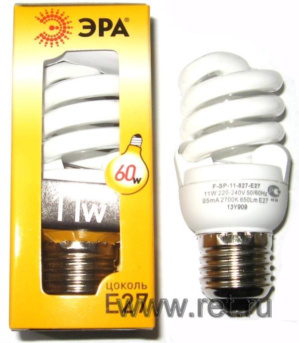 Лампа E27 энергосберегающая Эра F-SP-11-827-E27, 11/60Вт, теплый белый, 2700К, 220В, 650Лм, 10000ч, спираль, 95мм