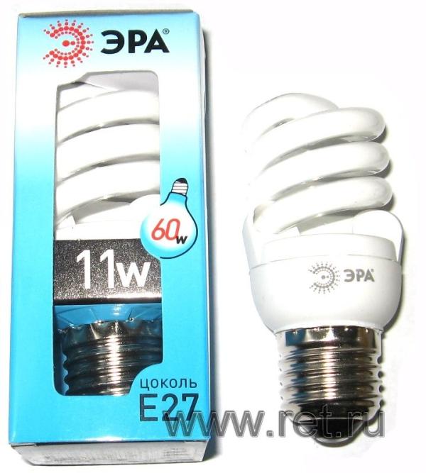 Лампа E27 энергосберегающая Эра F-SP-11-842-E27, 11/60Вт, холодный белый, 4200К, 220В, 650Лм, 10000ч, спираль, 95мм