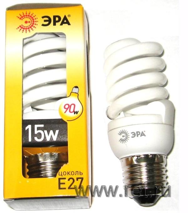 Лампа E27 энергосберегающая Эра F-SP-15-827-E27, 15/90Вт, теплый белый, 2700К, 220В, 900Лм, 10000ч, спираль, 104мм