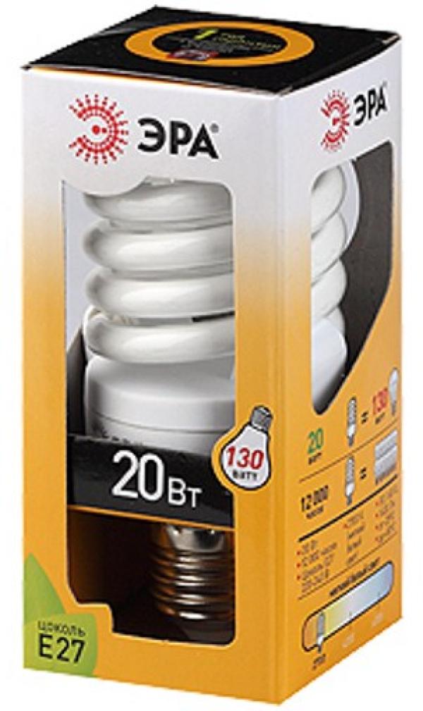 Лампа E27 энергосберегающая Эра F-SP-20-827-E27, 20/130Вт, теплый белый, 2700К, 220В, 1400Лм, 12000ч, спираль, 100мм