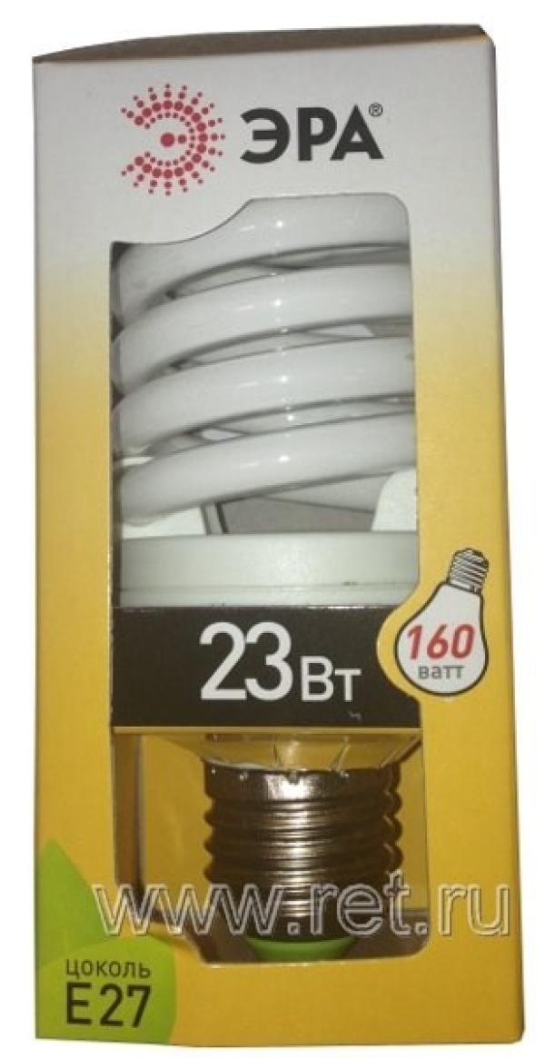 Лампа E27 энергосберегающая Эра F-SP-23-827-E27, 23/160Вт, теплый белый, 2700К, 220В, 1650Лм, 12000ч, спираль, 55/111мм