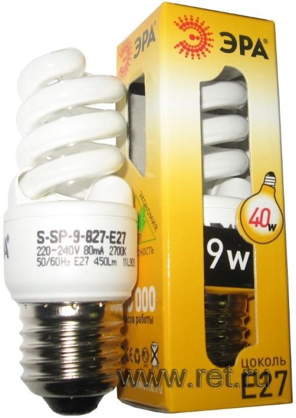 Лампа E27 энергосберегающая Эра S-SP-9-827-E27, 9/40Вт, теплый белый, 2700К, 220В, 450Лм, 10000ч, спираль, 91мм
