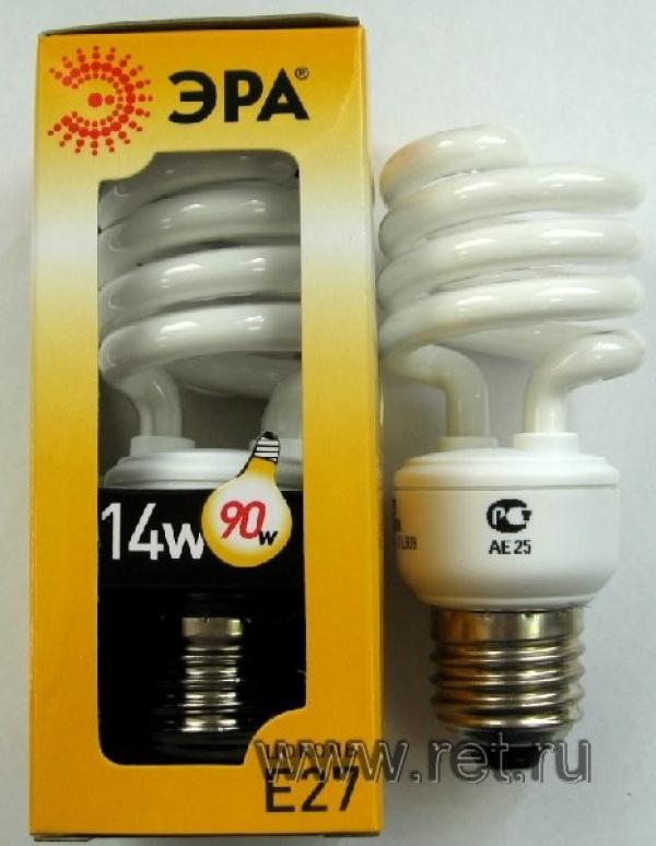 Лампа E27 энергосберегающая Эра SP-14-827-E27, 14/90Вт, теплый белый, 2700К, 220В, 900Лм, 10000ч, спираль, 105мм