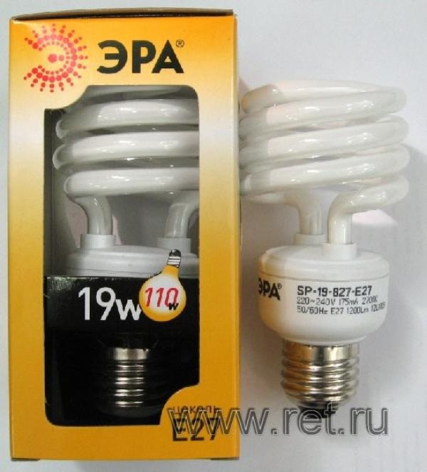 Лампа E27 энергосберегающая Эра SP-19-827-E27, 19/110Вт, теплый белый, 2700К, 220В, 1200Лм, 10000ч, спираль, 56/109мм