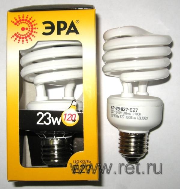 Лампа E27 энергосберегающая Эра SP-23-827-E27, 23/120Вт, теплый белый, 2700К, 220В, 1600Лм, 10000ч, спираль, 119мм