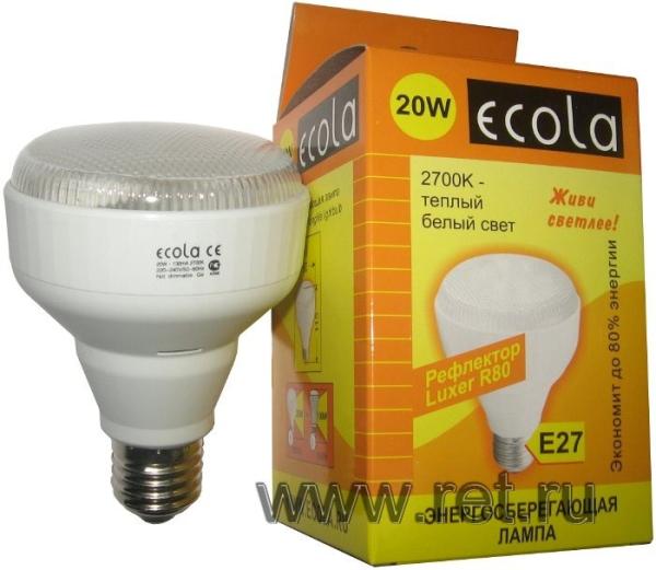 Лампа E27/R80 энергосберегающая Ecola G7PW20ECG, 20/100Вт, теплый белый, 2700К, 220В, 800Лм, 10000ч, рефлектор 80мм, 115мм