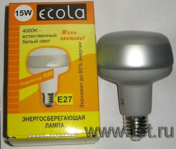 Лампа E27/R80 энергосберегающая Ecola Reflector G7SV15ECG, 15/75Вт, нейтральный белый, 4000К, 220В, 8000ч, рефлектор 80мм, 80/115мм
