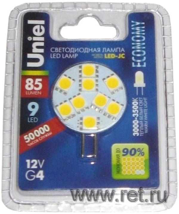 Лампа G4 светодиодная белая Uniel LED-JC-12/1.6W/WW/G4, 1.6/15Вт, теплый желтый, 3000К, 12В, 85Лм, 50000ч, диск, 28/35мм