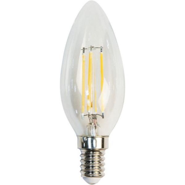 Лампа E14 светодиодная белая Feron 4LED LB-58, 5/40Вт, теплый белый, 2700К, 220..240В, 530Лм, 30000ч, свеча, филамент, прозрачный, 35/100мм