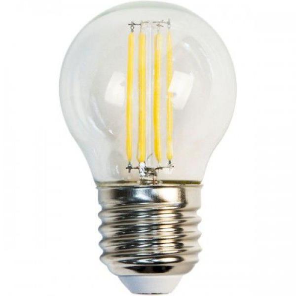 Лампа E27 светодиодная белая Feron 4LED LB-61, 5/40Вт, теплый белый, 2700К, 220..240В, 530Лм, 30000ч, шар, филамент, прозрачный, 45/78мм