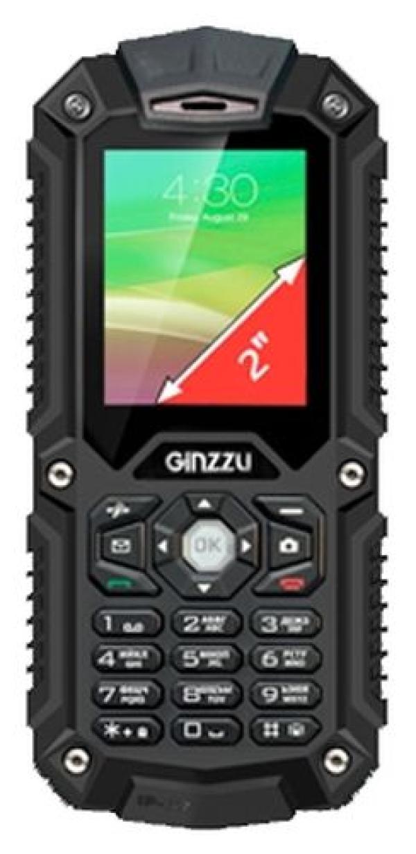Мобильный телефон 2*SIM Ginzzu R7 Dual, GSM900/1800/1900, 2" 220*176, камера 1.3Мпикс, SDHC-micro, BT, диктофон, WAP, MP3 плеер, пыле-влагозащищенный IP67, 53*119*20мм 141г, черный