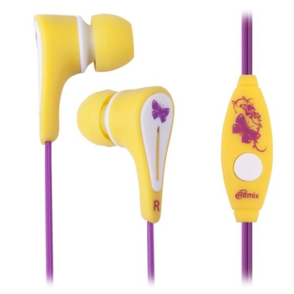 Наушники с микрофоном проводные вставные Ritmix RH-012M kids girls, 20..20000Гц, кабель 1.2м, MiniJack, динамические, для девочек, желтый-фиолетовый