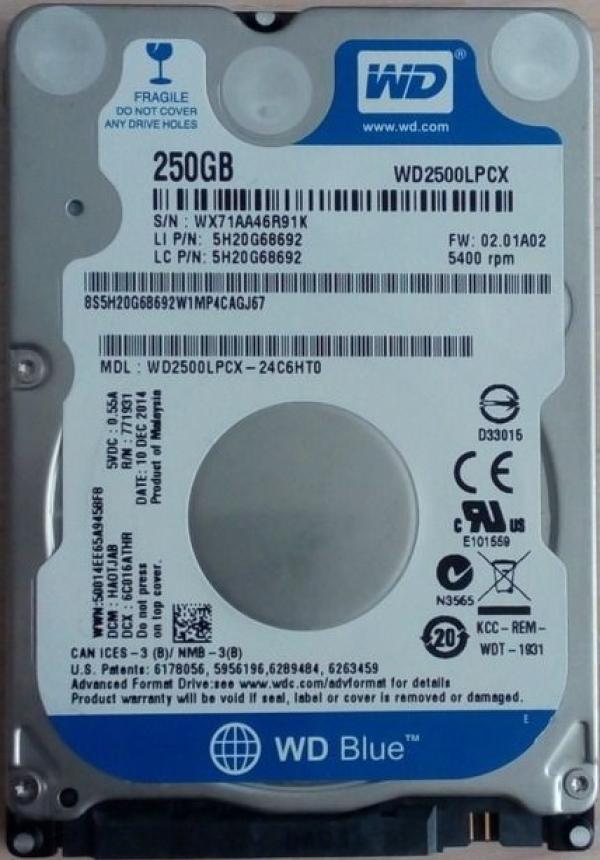 Жесткий диск 2.5" SATA  250GB WD Blue WD2500LPCX, SATAIII, 5400rpm, 16MB cache, AF, для ноутбука