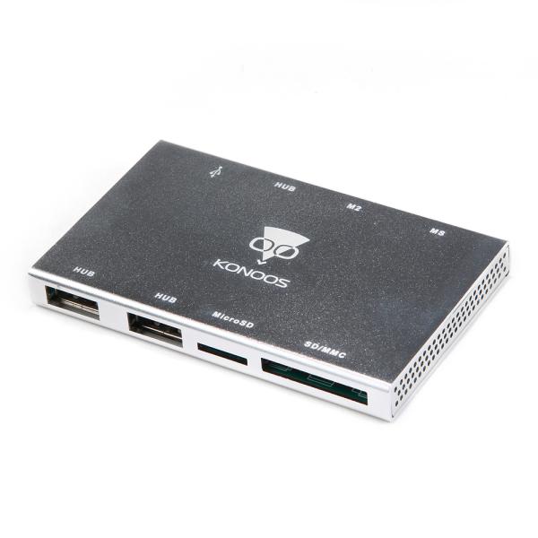 Считыватель внешний с USB разветвителем Konoos UK-38, MMC/MS/SD/SDHC/SD-micro/M2/TF, разъемы hub USB 3*AF, USB2.0, серебристый